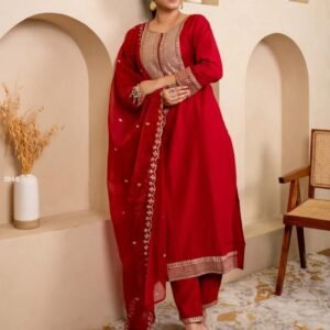 Red Silk Blend Kurti Pant Set with Embroidered Organza Dupatta