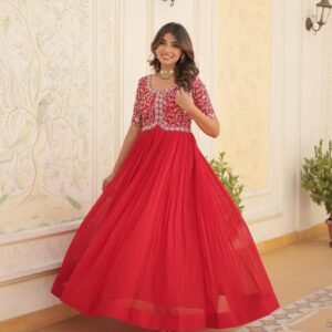 Red Tradition Designer Readymade Gown With Embroidery Work