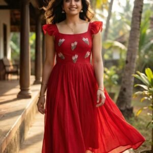 Red Vichitra Silk Anarkali Dress with Beads And Kardana Handwork