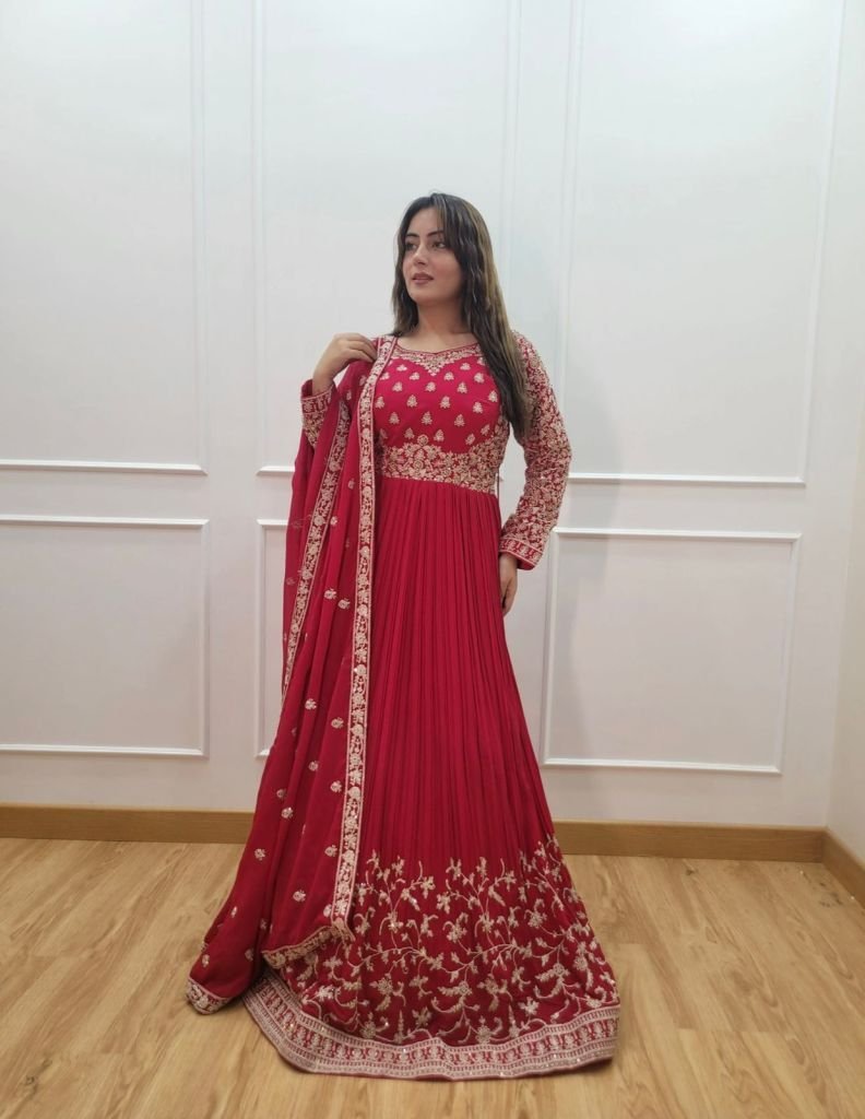 red wedding 5mm sequence and e 1735378346 Red Wedding 5mm Sequence And Embroidery Work Pure Georgette Gown