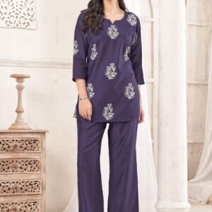Regular Wear Purple Chinon Palazzo Style Coord Set