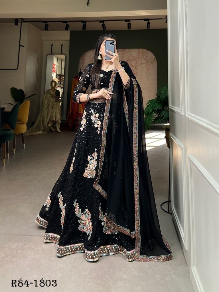 rich look black party wear emb 1718880397 Rich Look Black Party Wear Embroidered Georgette Lehenga Choli