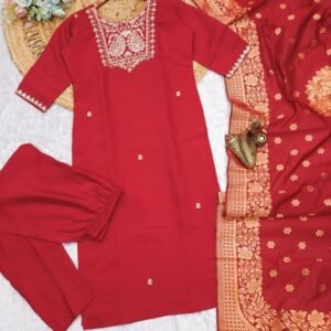 Romantic Red Premium Roman Silk Kurtis Three Piece Set