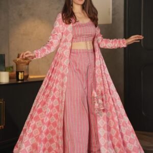 Rose Pink Pure Rayon With 3 Piece Koti Style Indo Western Suit