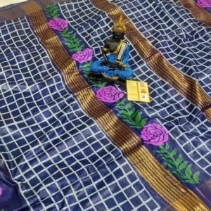Rose Print Blue Screen Printed Original Tussar Ghicha Silk Saree 35