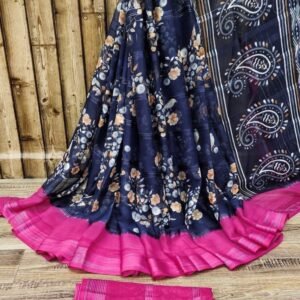 royal blue Color Beautiful Chiffon Jari Sarees with Flower Print