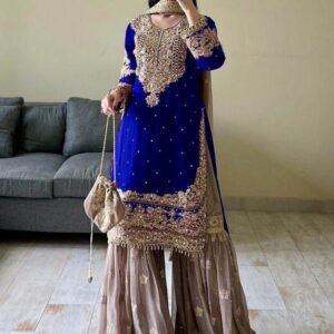 Royal Blue Colour Codding Sequence Embroidery Work Sharara Suit