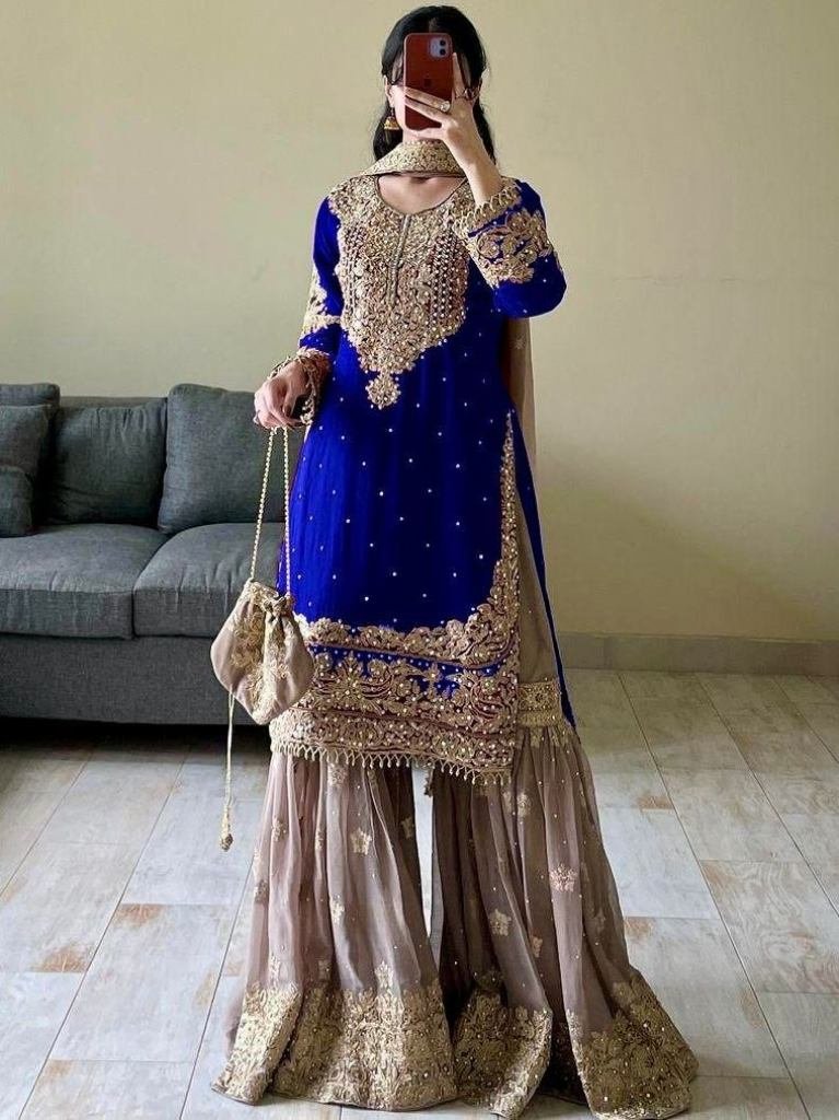 royal blue colour codding sequ 1732702622 Royal Blue Colour Codding Sequence Embroidery Work Sharara Suit