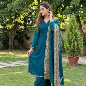Rama Embroidered Kurta Palazzo Set With Dupatta