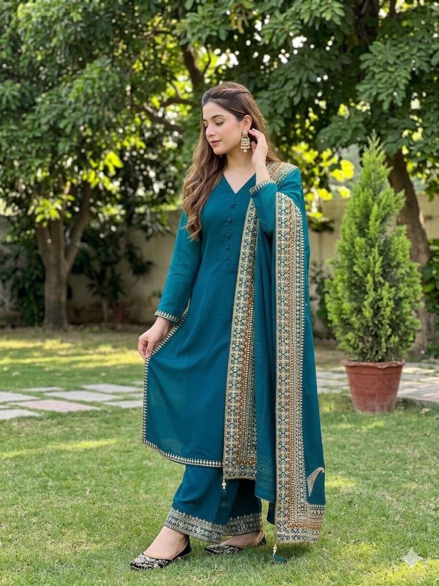 royal blue heavy roman silk su 1773051121 Rama Embroidered Kurta Palazzo Set With Dupatta