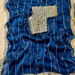 Royal Blue Mirror Work Silk Saree With Stitched Blouse