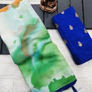 Royal Blue Shibori Printed Chiffon Saree With Mirror Work