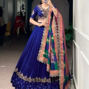 Royal Blue Vichitra Silk Lehenga Choli With Foil Print Dupatta