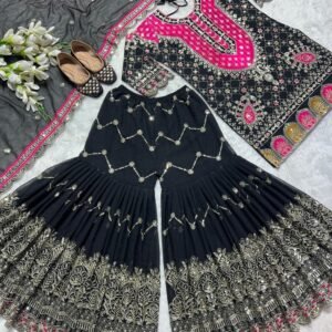 Royal Embroidered Georgette Black Kurti with Flared Sharara Set