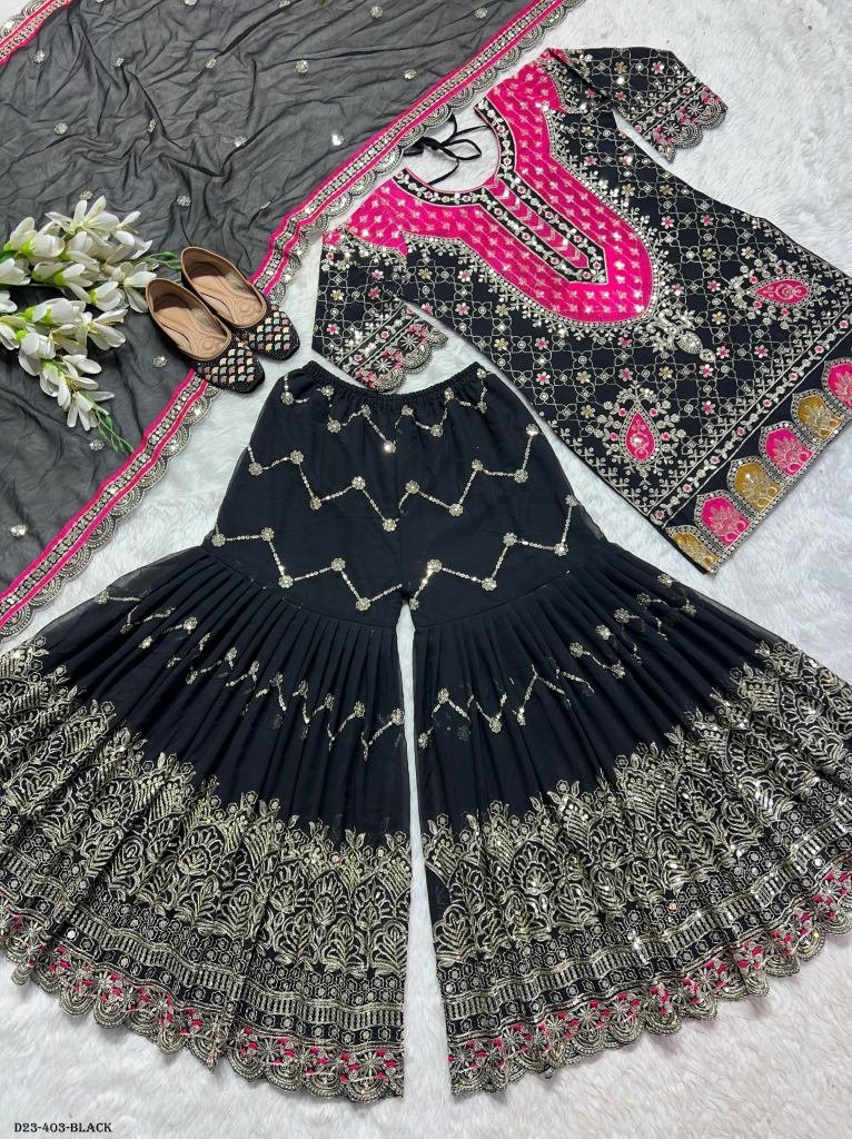 royal embroidered georgette bl 1717840700 Royal Embroidered Georgette Black Kurti with Flared Sharara Set