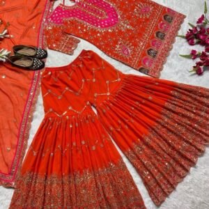 Royal Embroidered Georgette Orange Kurti with Flared Sharara Set