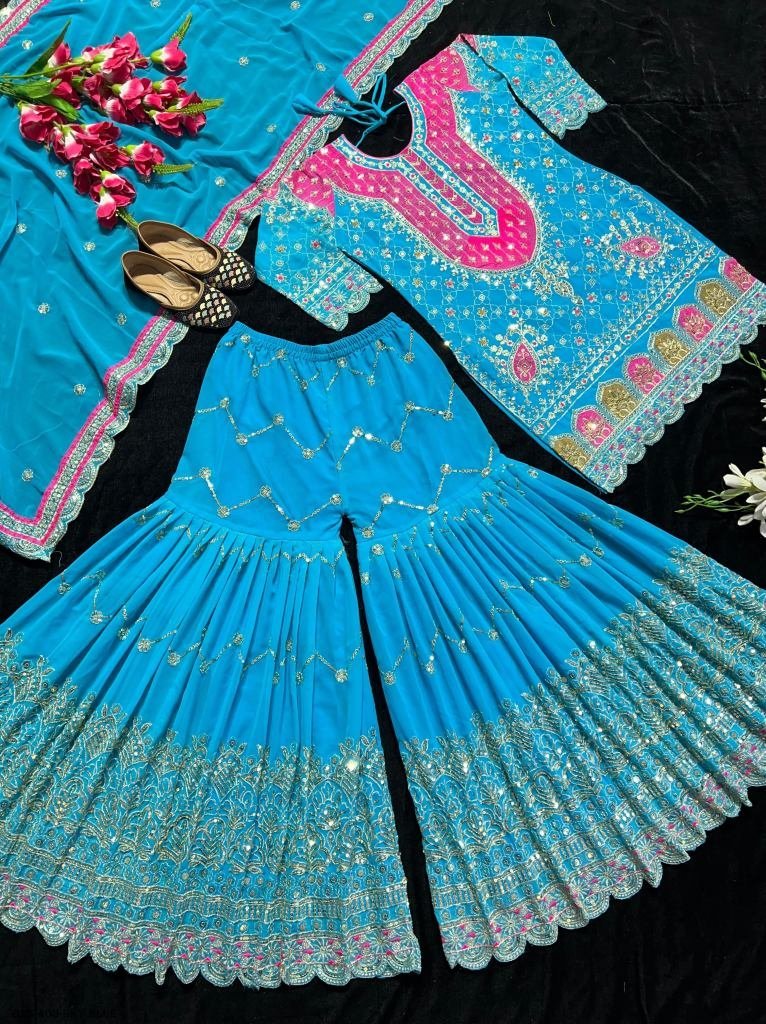 royal embroidered georgette sk 1717840324 Royal Embroidered Georgette Sky Blue Kurti with Flared Sharara Set