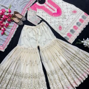 Royal Embroidered Georgette White Kurti with Flared Sharara Set