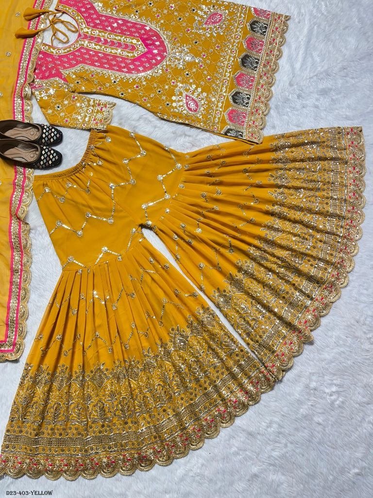 royal embroidered georgette ye 1717840566 Royal Embroidered Georgette Yellow Kurti with Flared Sharara Set
