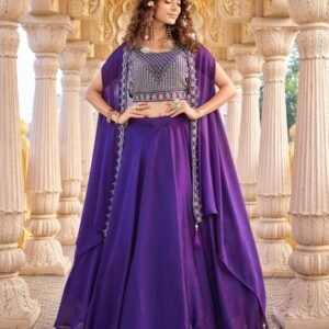 Royal Purple Rangoli Silk Lehenga with Heavy Embroidered Blouse And Cape Shrug