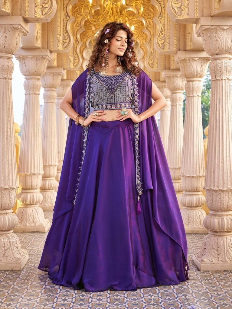 royal purple rangoli silk lehe 1768471471 Royal Purple Rangoli Silk Lehenga with Heavy Embroidered Blouse And Cape Shrug