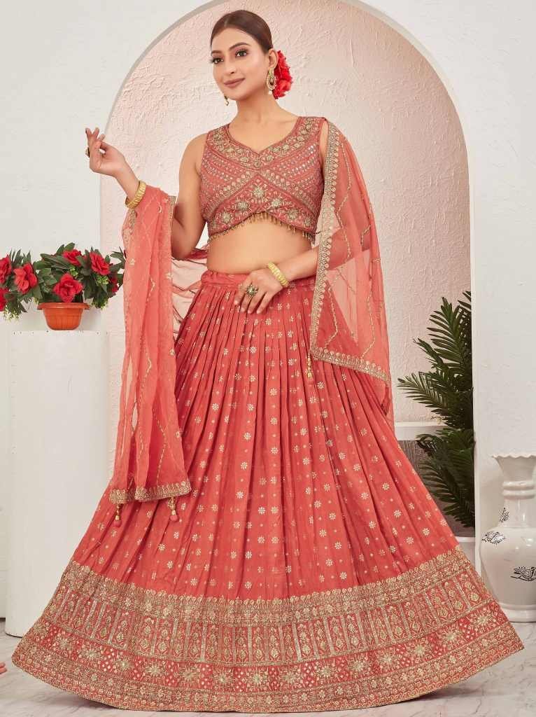 rust jacquard dola silk leheng 1714650426 Rust Jacquard Dola Silk Lehenga Choli Set