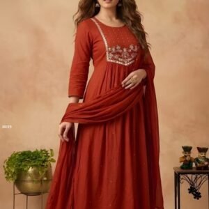 Rust Orange Cambric Cotton Kurti And Pant With Dupatta