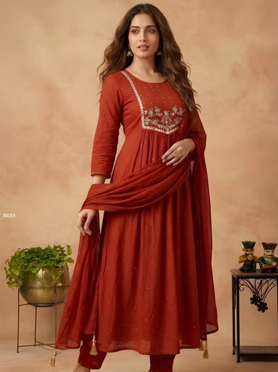 rust orange cambric cotton kur 1775307606 Rust Orange Cambric Cotton Kurti And Pant With Dupatta
