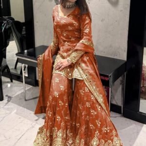 Rust Orange Silk Embroidery Sharara Suit For Eid