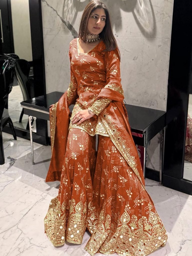 rust orange silk embroidery sh 1740044043 Rust Orange Silk Embroidery Sharara Suit For Eid