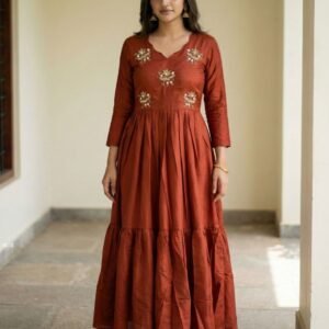 Rust Orange Soft Roman Silk Handwork Kardana Gown