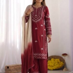 Maroon Rayon Cotton Kurti Set with Embroidery And Farsi Pant Dupatta