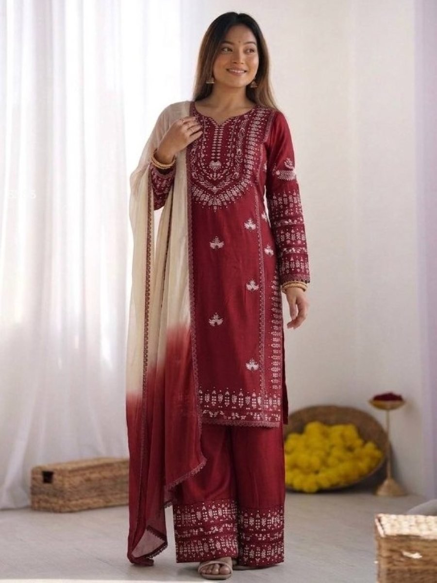 rust rayon cotton kurti set wi 1776941984 Maroon Rayon Cotton Kurti Set with Embroidery And Farsi Pant Dupatta