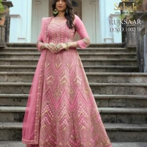 Sabah Ruksaar 1002 B Pink Heavy Butterfly Net Gown