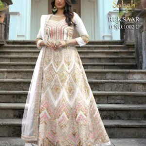 Sabah Ruksaar 1002 C White Heavy Butterfly Net Gown