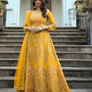 Sabah Ruksaar 1002 E Yellow Heavy Butterfly Net Gown