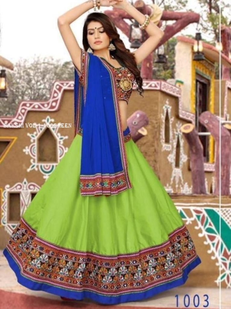 sakshi vol 1 green chain stich 1717139596 Sakshi Vol 1 Green Chain Stich Mirror Work Cotton Navratri Lehenga