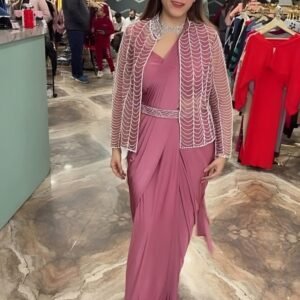Satin Silk Baby Pink Colour Ready To Wear Saree With Jacket