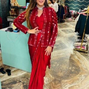 Satin Silk Fabric Red Sequence Work Ready To Wear Saree With Jacket