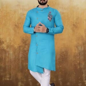 Sea Blue Cotton Kurta With Pyjama