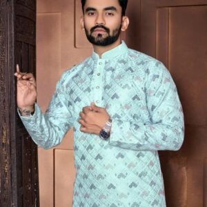 Sea Blue Maharaja Emrboidered Italian Silk Men Kurta With Pajama