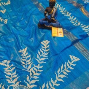 Sea Blue Screen Printed Original Tussar Ghicha Silk Saree 17