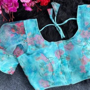 Sea Blue Sobha Flower Printed Organza Readymade Blouse