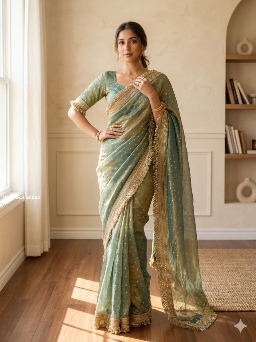 sea green designer butti work 1773308541 Sea Green Designer Butti Work Saree with Elegant Golden Zari Border