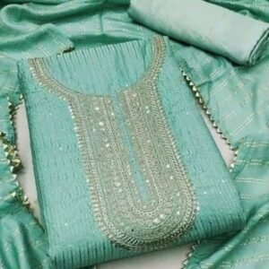 Sea Green Designer Chanderi Unstitched Suits With Crosset Work