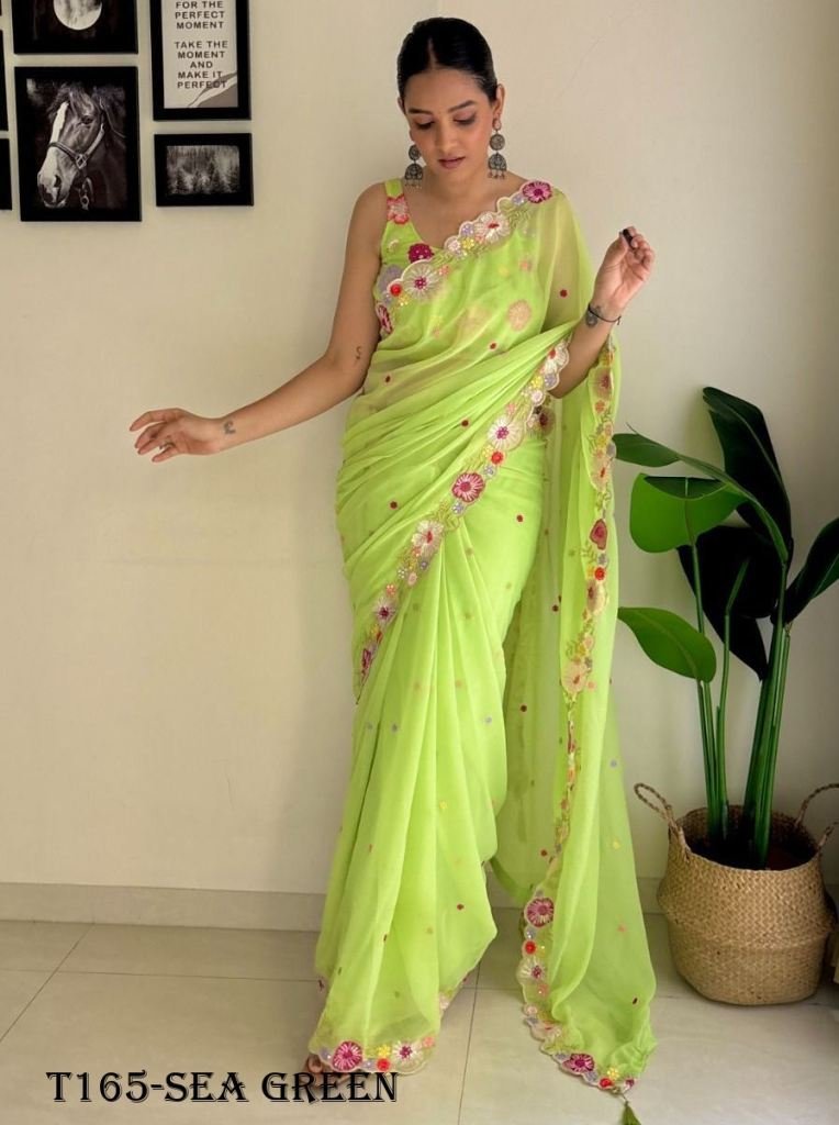 sea green georgette with embro 1720084579 Neon Green Georgette With Embroidery Work Saree
