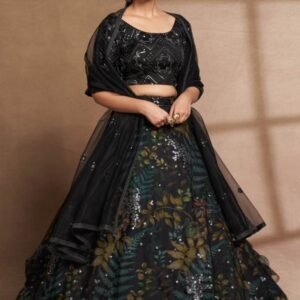 Semi Stitched Black Organza Digital Printed and Sequence Work Lehenga Choli