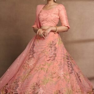 Semi Stitched Peach Organza Digital Printed and Sequence Work Lehenga