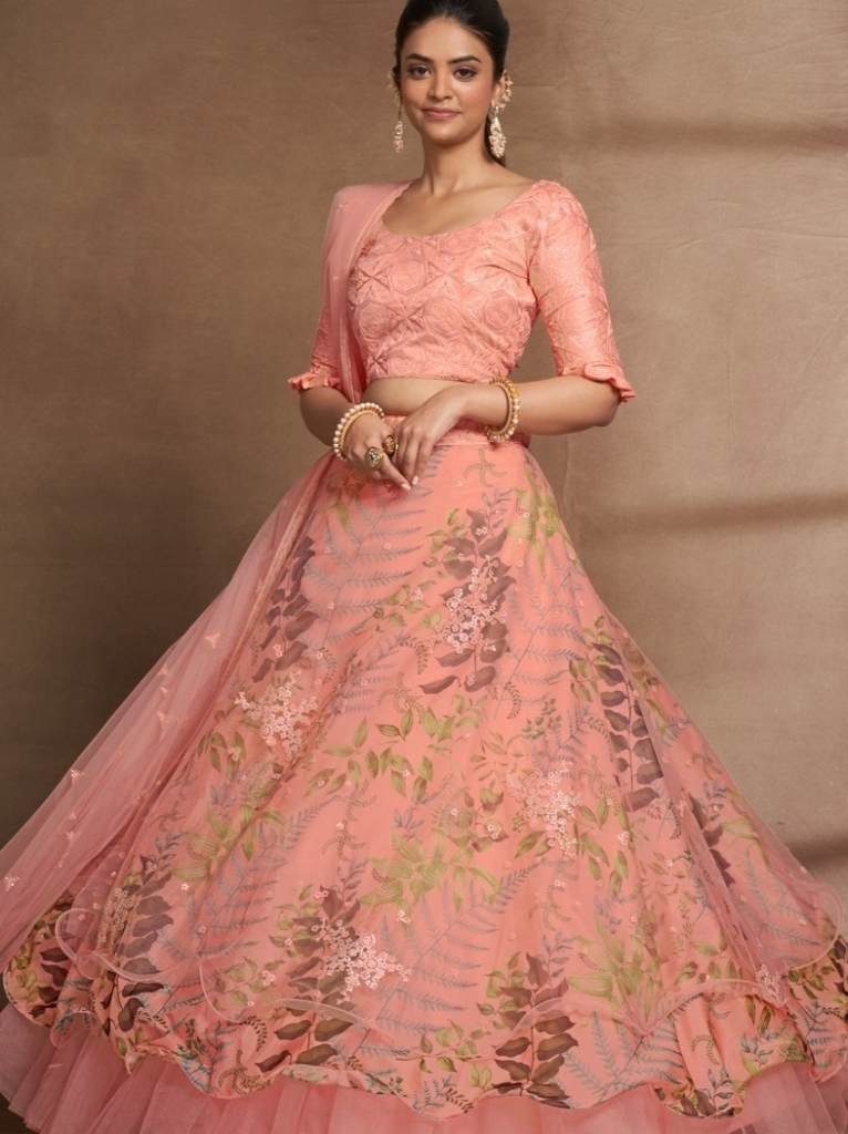 semi stitched peach organza di 1712921785 Semi Stitched Peach Organza Digital Printed and Sequence Work Lehenga