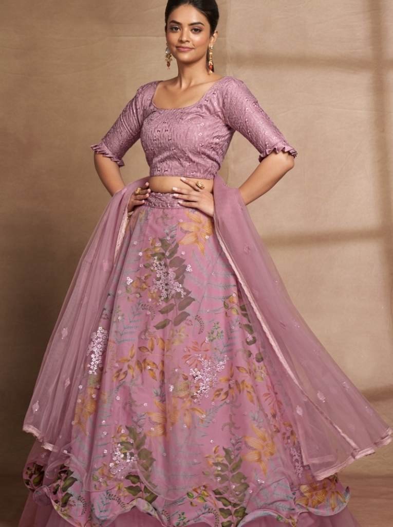 semi stitched pink organza dig 1712922030 Semi Stitched Pink Organza Digital Printed and Sequence Work Lehenga Choli
